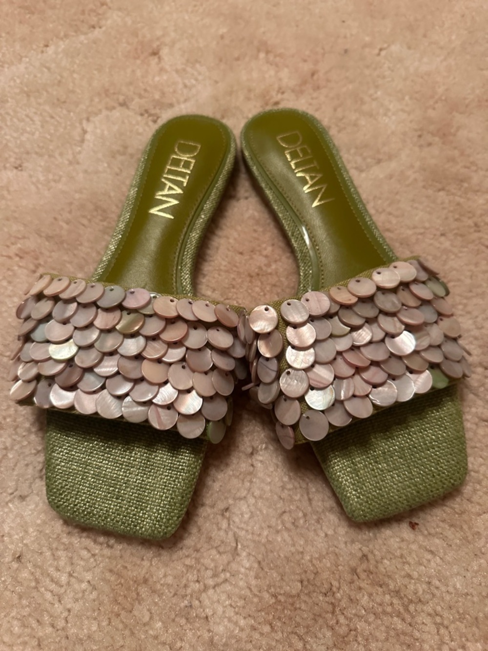 DELTAN Olive Green Sequin Slide Mules Leather- new!